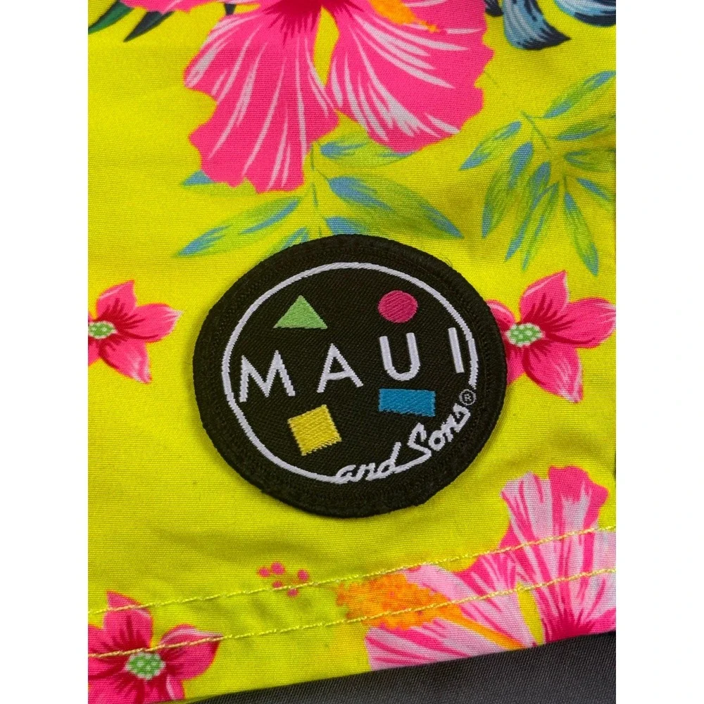 Maui and Sons Kids Neon Yellow Pink Floral Board Shorts Swim Trunks Size S‎ 7/8